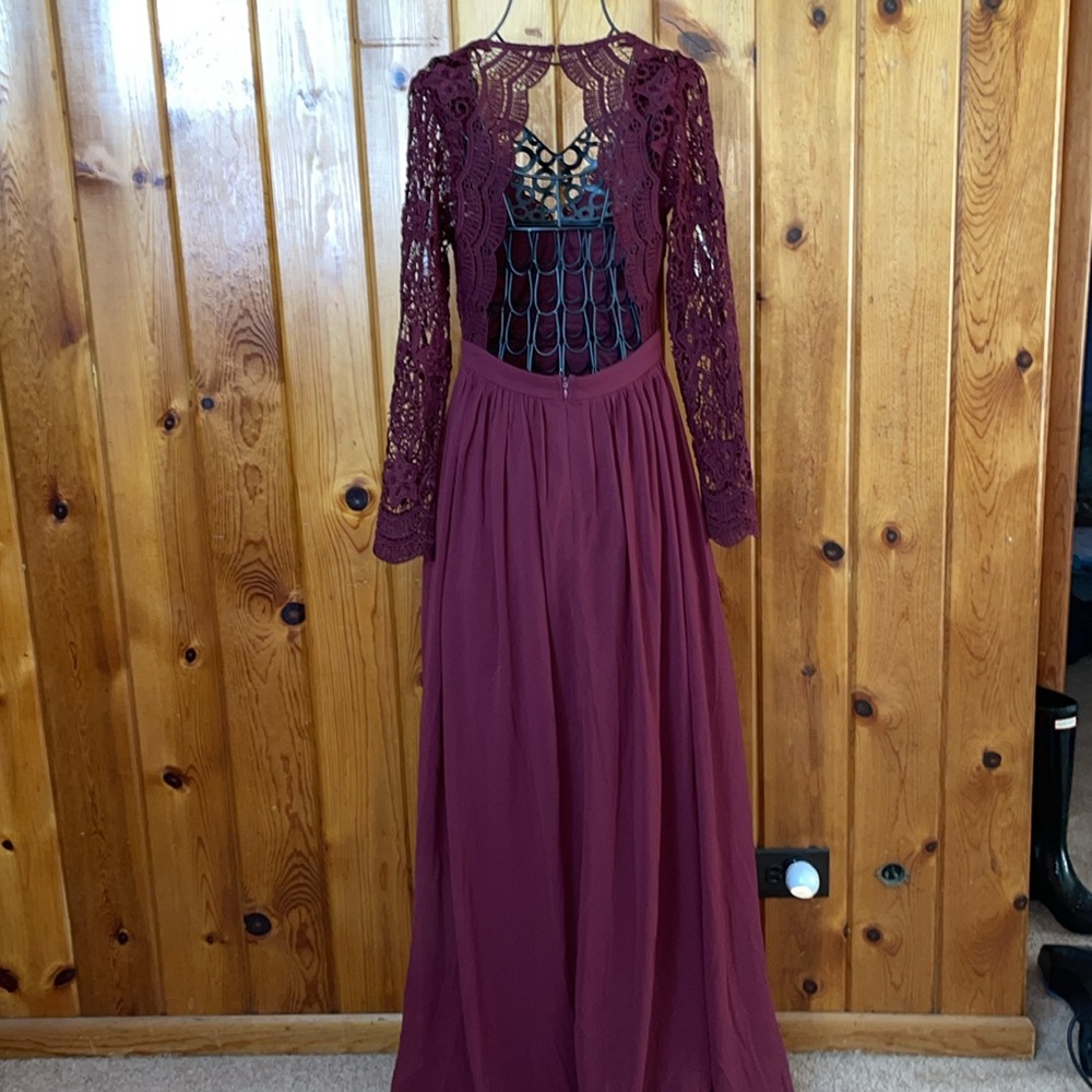 Awaken My Love Burgundy Long Sleeve Lace Maxi Dress small bridesmaids maternity - Picture 9 of 13